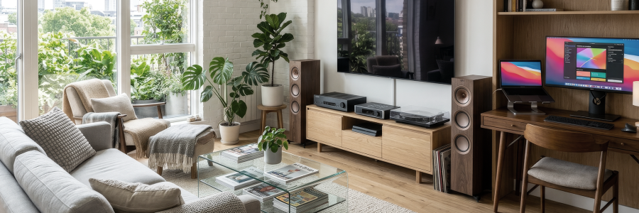 Wohnzimmer mit Mediengeräten TV, Musik und Computer